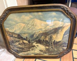 Vintage mountain ladscape print set in an ornate frame with glass late 1920-s50's