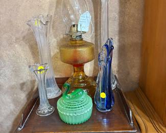 Slung Blue Vase, ruffled vases and Kerosene/oil lamp, trinket depression glass box
