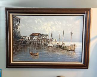 Vintage framed oil painting on of a coastal harbor and sailboats signed W. Jones
