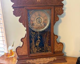 Beautiful Oak Clock with Crane etching