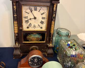 Another wonderful clock with pillar appointments. 1 Mantel clock and Vintage Mesent Clock, Marbles and Jars, Tinket box with unicorn