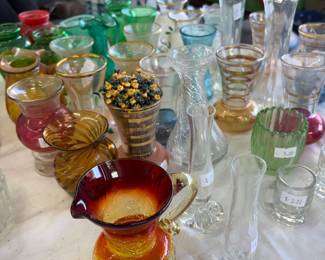 Wonderful colored small pitchers, vases, toothpick holders, flower frogs