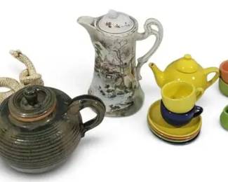 Vintage & Retro Teapot Collection with Schilling Child's Tea Set, Dragon Stand & Porcelain Pot