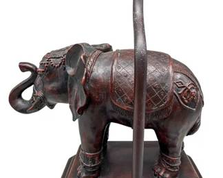 Hand-Carved Elephant Table Lamp – 14.5" Tall Wooden Figure Base – Ornate Carved Detail