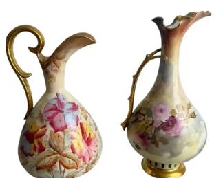 Old Longtonian Floral Porcelain Ewers (2) – Hand-Painted Flowers, Gold Accents & Ornate Handles