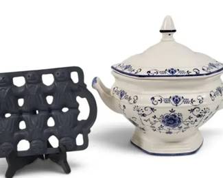 Toscany Blue & White Porcelain Soup Tureen with Ladle & Vintage Metal Cookie Mold, 2 Pc