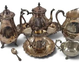 Vintage Silverplate Tea & Coffee Service Lot of 10 with Trivets, Tray & Sterling Spoon
