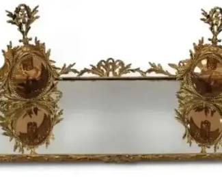 Vintage Ormolu-Style Gilt Metal Mirrored Vanity Tray – Ornate Rococo Frame & Floral Details