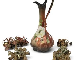 Vintage Art Nouveau Floral Ceramic Ewer with 4 Sets of Brass Bells, 5-Piece Lot