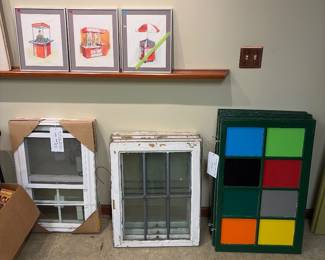 Decorative window frames, three-piece nicely framed and matted art work.