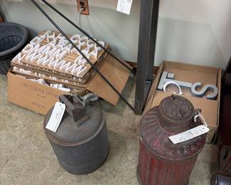 Vintage international laboratories safety can, ANTIQUE, Davis, welding and manufacturing metal gas oil can, miscellaneous letters and cast plaster letters.