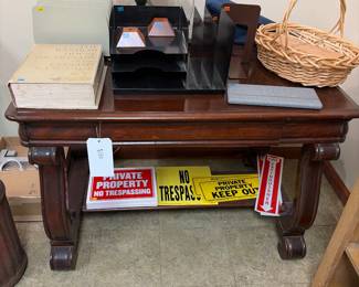 Mahogany library table with drawer, 1966 random House, dictionary, lamp, and Moore.