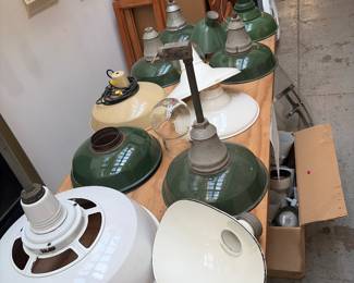 Vintage porcelain enamel, industrial light fixtures.