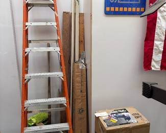 Husky 12 foot folding fiberglass ladder and cattleman 29” grilling smoker.