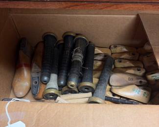 Antique shoe molds, and Sewing spools.