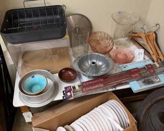 Pink depression, roasting pan, mounting, brackets, and box full of matched adhesive Velcro.