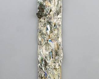 Glen Michaels, American (Michigan), 1927-2020.  Mixed media wall sculpture featuring applied tesselated layers of mosaic tiles, Bronze and multi-color resin.  Signed "Glen Michaels" at sculpture front lower center.  Minor wear and losses, a few broken tiles.  13 x 4 x 73" high overall.  