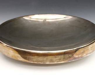 Lino Sabattini, Italian, 1925-2016.  Mid Century Modern Silverplate display bowl with removable top portion.  Signed "L. Sabattini" and marked "'Onaida' Collezione Sabattini Bregnano Italy" at side, stamped with trademark logo and "Sabattini Italy" at underside.  Surface wear and light scratches.  16 3/4 x 3 1/2" high overall.  