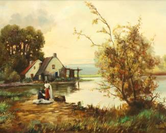 John Edmund Califano, Italian/American, 1862-1946.  An oil on canvas landscape depicting two women washing clothing at a water's edge with a cottage and evening sky in the distance.  Signed "Califano" lower right.  Minor surface grunge.  Image 35 1/2 x 23 1/2" high, in a re-painted carved wood frame with some wear, 42 1/2 x 30 1/2" high overall.  