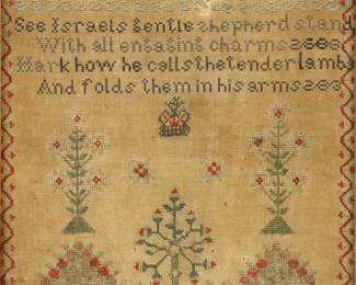 A 19th century English Needlework Sampler.  Made by "Jane Pilkington Aged 9 Years" with stylized floral and geometric border in Red and Green that contains the alphabet, numbers, a religious rhyme, images of the crown, flowers, and foliage.  Staining, discoloration, and losses.  Image 11 1/2 x 9 3/8, in a contemporary Gilded wood frame with some wear, 11 3/8 x 13 1/2"  high overall.    