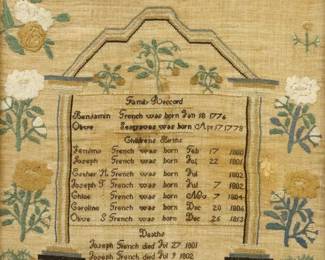 A 19th century American Needlework Sampler.  Family record of the French/Seagraves family within a simple architectural structure border and adorned with stumpwork floral motifs Yellow, White, Green, and Blue.  Some staining, fading, and losses evident, wrapped around and taped to cardboard verso.  Image 15 1/4 x 14" high, in a simple later wood frame with some wear, 17 x 15 3/4" high overall.  