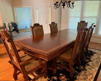 Traditional Double-Pedestal Dining Room Set with Upholstered High-Back Chairs