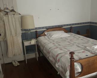 Vintage clothing, Rope bed frame and mattress.  Quilt sold separately.