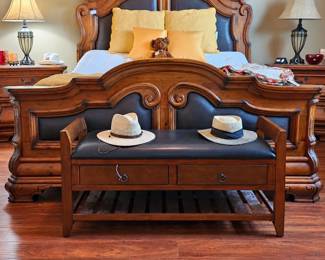 Leather & Wood King Bed with several matching pieces...nightstands, dresser and mirror, and tall  bureau. There is a leather and wood bench that has 2 drawers and shelving underneath.