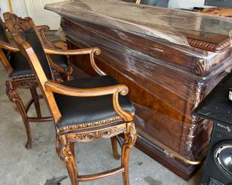 Dry Bar with inlaid Marble top, brass foot rail and 2 wood, leather chairs
