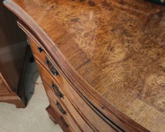 Burr walnut veneer serpentine front nightstands