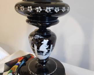 Vintage Mary Gregory black glass kerosene lamp
