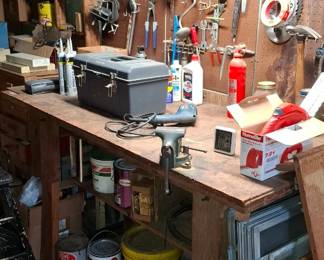 tool bench, tools, hand tools, paints, screens, hardware, etc.