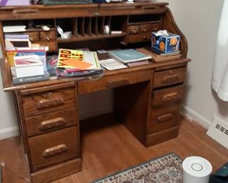 oak roll top desk, area rugs