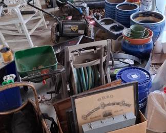 misc. garden/shed equipment, planters, ladders,antique frames