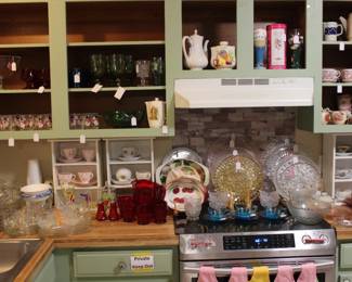 VIKING GLASS, GLASSES, PITCHERS, SNOWMAN GLASS MUGS, SALT AND PEPPER, PINK DEPRESSION, SNACK SETS, TEA CUPS, CHURCHILL WILLOW ROSA MUGS