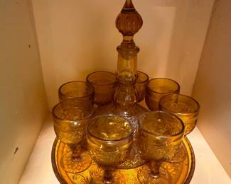 Vintage Tiara Indiana Glass Amber Sandwich Pattern Decanter Set