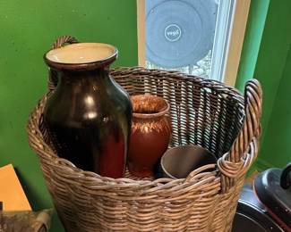 Wicker Basket with Three Assorted Pottery Vases