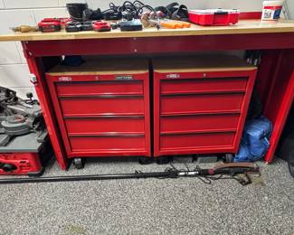 Craftsman Workbench with Two Rolling Tool Cabinets