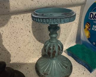 Distressed Teal Pedestal Candle Holder