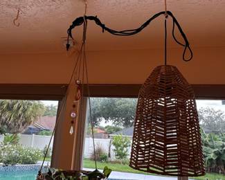 Boho Wicker Hanging Pendant Light and Planter Set