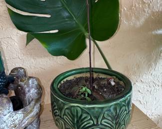 Vintage Green Glazed Ceramic Leaf Motif Planter