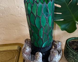 Tiffany-style Stained Glass Cylinder Lamp with Figural Base