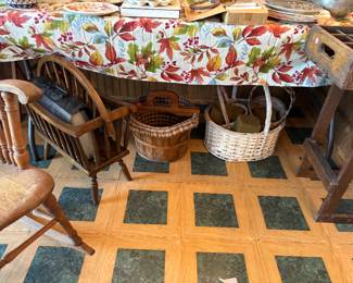 Baskets, magazine rack, old soda bottle crate