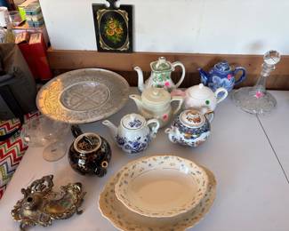 Teapots, serving platter, large China set
