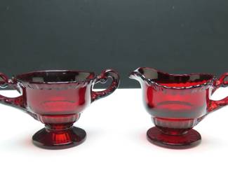 Vintage Ruby Red "Gadroon" Creamer & Open Sugar Dish by Cambridge (1933-1943)