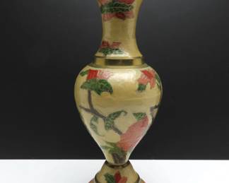 Vintage Tall Handpainted Enameled Brass Trumpet Neck Vase - Made in India