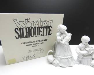 Vintage Department 56 Winter Silhouette "Christmas Presents" White Porcelain Figures in Original Box