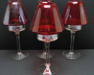Lot of 4 Wine Glass Fairy Lamps with Ruby Red Shades