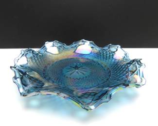 Vintage Indiana Glass Blue Carnival Glass Ruffled Dish