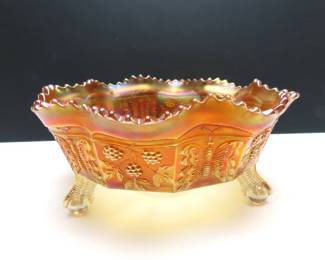 Vintage Fenton "Butterfly & Berry" Marigold Carnival Glass 3 Toed Footed Bowl